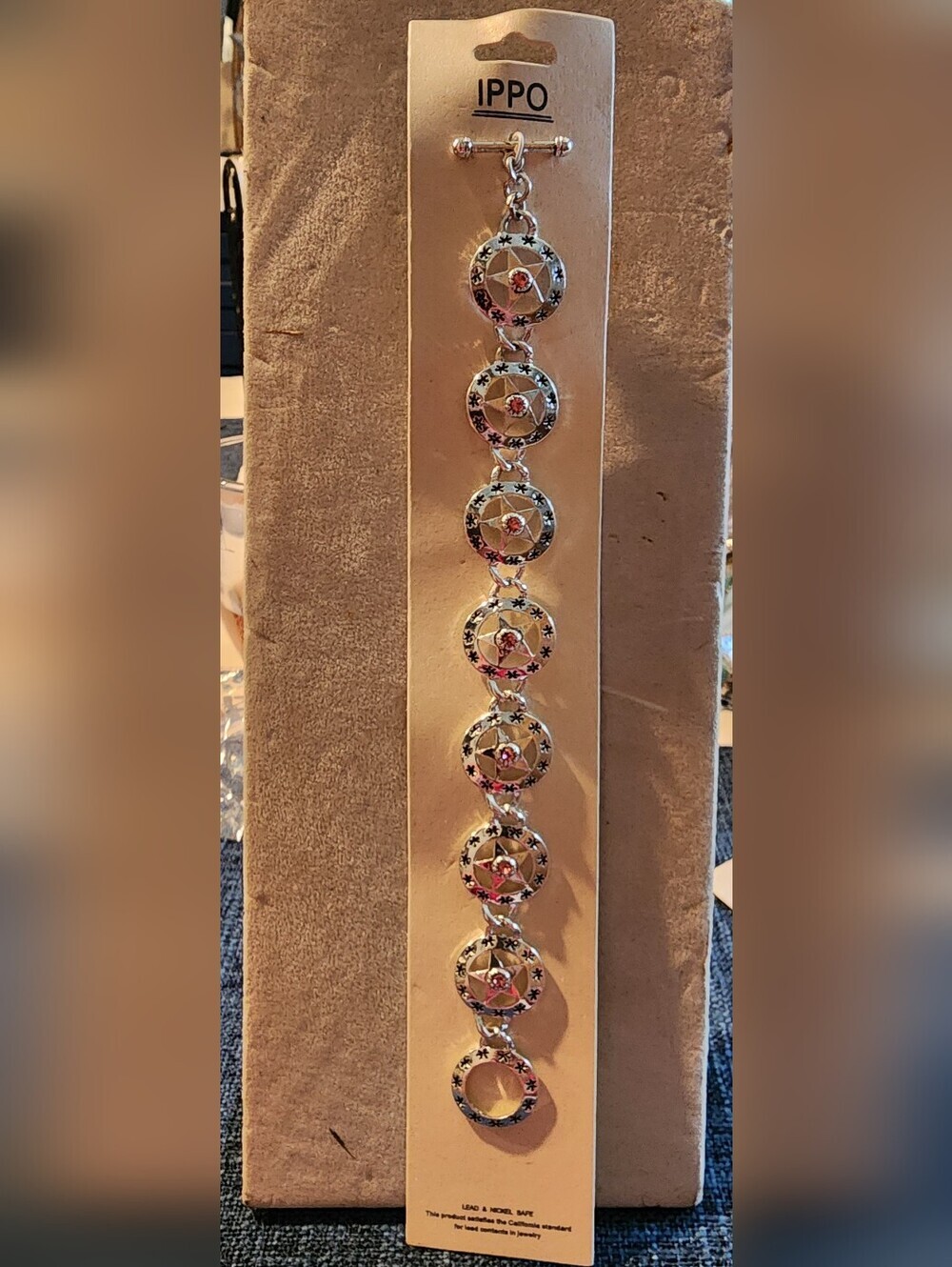 Silver-Tone Circle Link Western Bracelet with Star And Pink  Stones